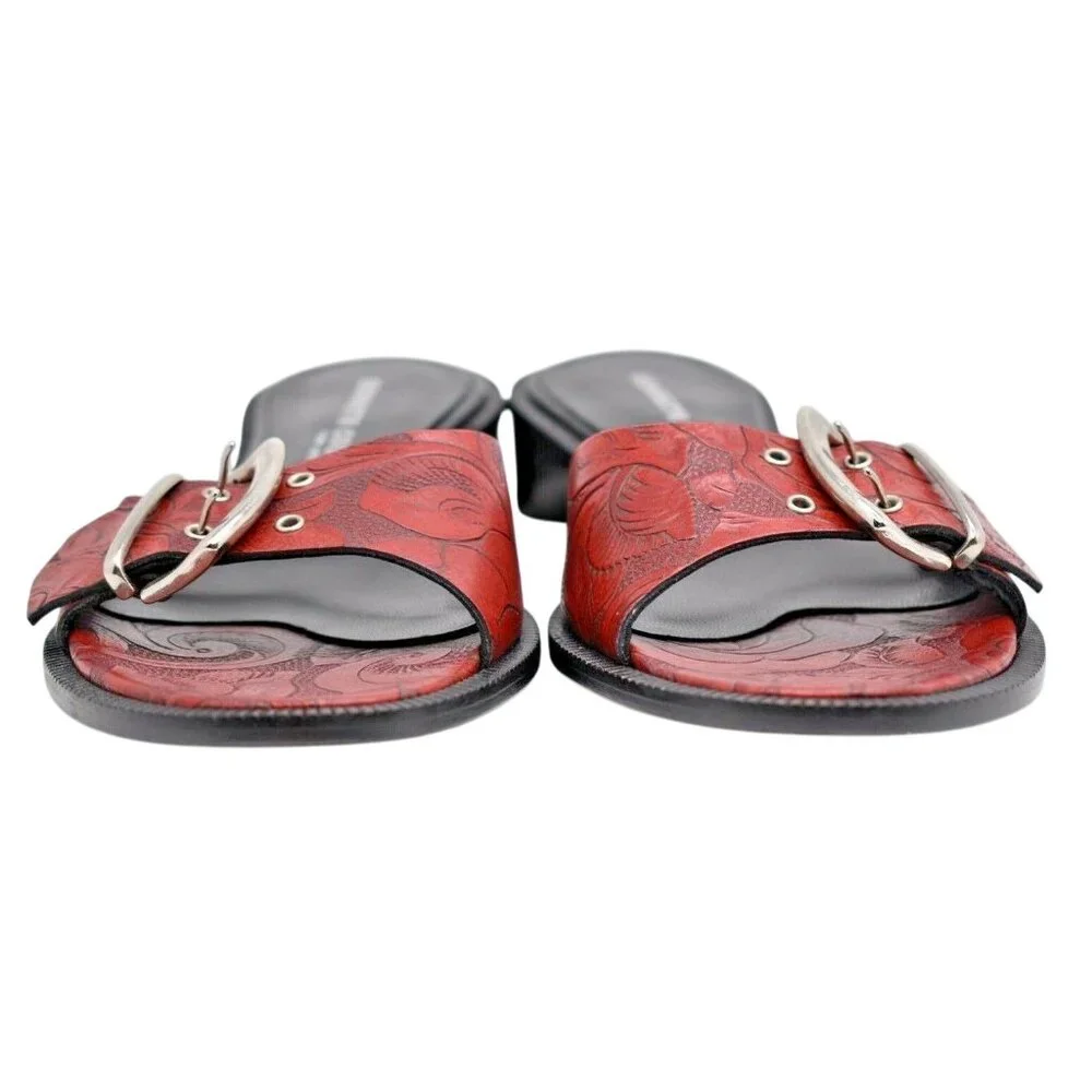Vintage‎ Kenneth Cole “Flower Child” Red Tooled Leather Slide Sandals sz 6 M
